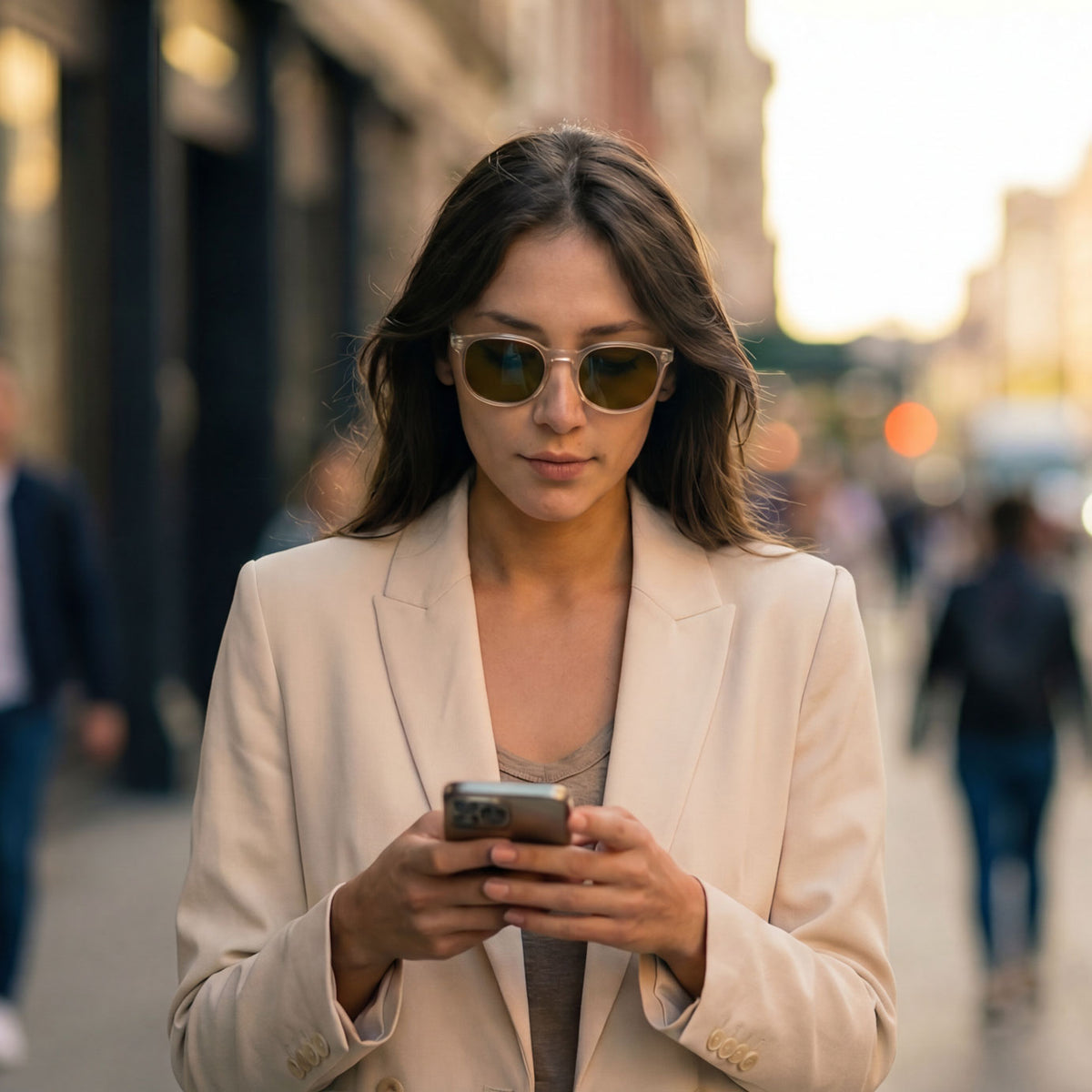 Woman walking outside in business attire wearing Avulux Adapt lenses