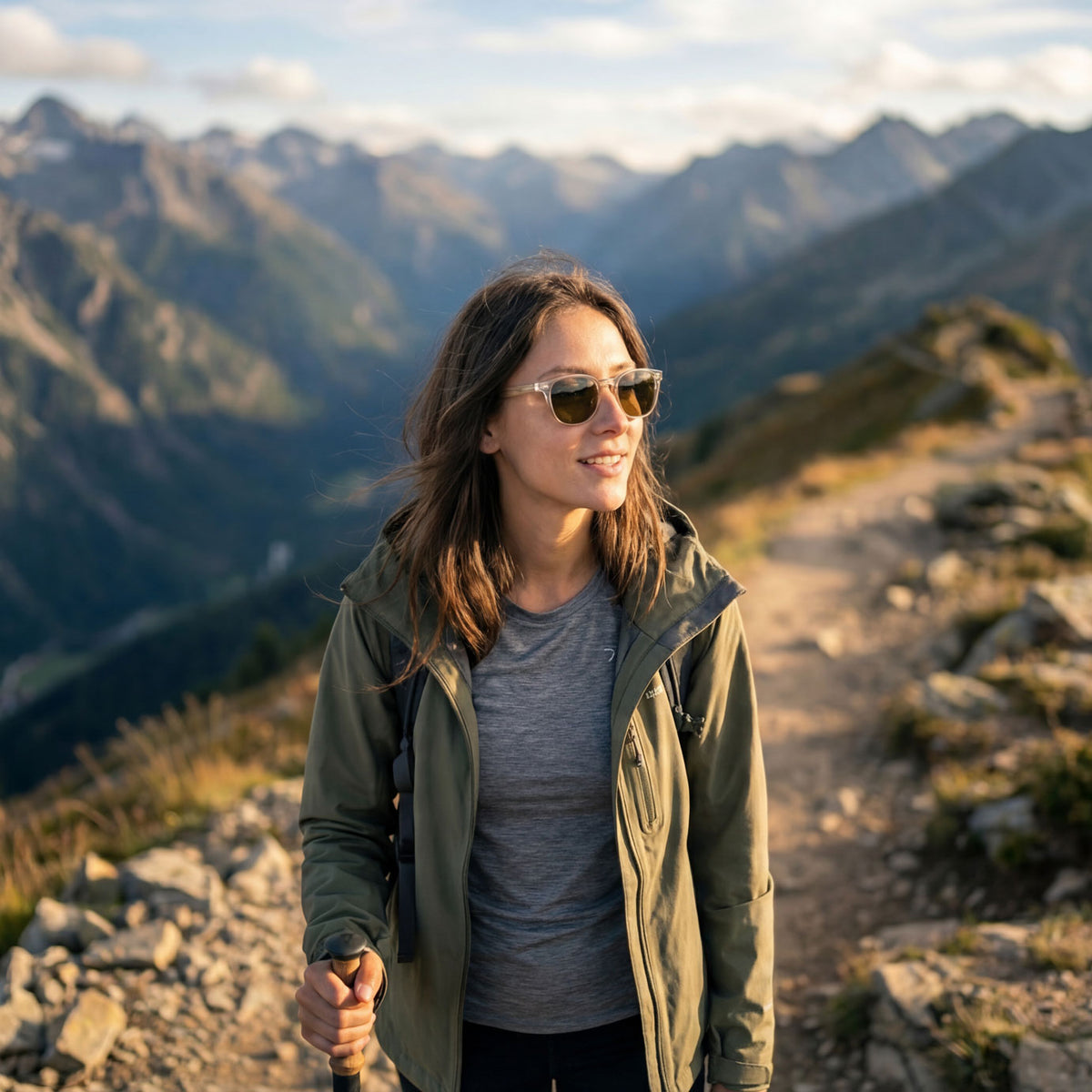 Woman hiking in the mountains wearing Avulux Atlas lenses