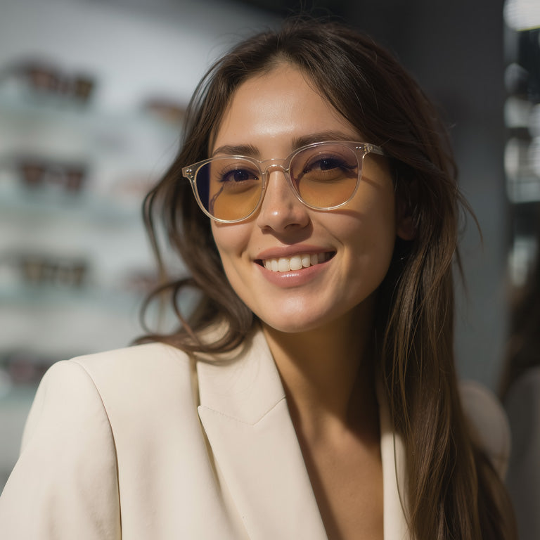 Woman wearing Avulux lenses at an eyecare clinic